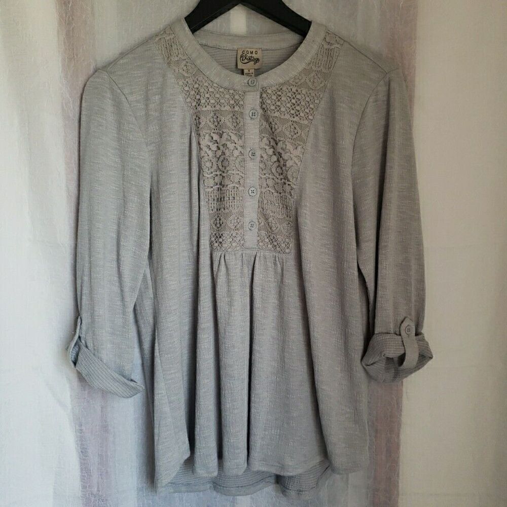 Como Vintage Women's Size Small Peasant Top Long Roll Tab Sleeves Gray
